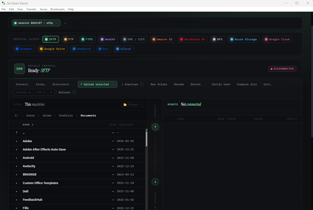 Go Green Transit desktop — dual-pane workspace with the 15-protocol Accent palette across the top, Bookmarks menu, an SFTP session tab, the action bar (Connect, Sites, Upload, Download, Sync, Verify hash, Compare dirs), and the local file pane.